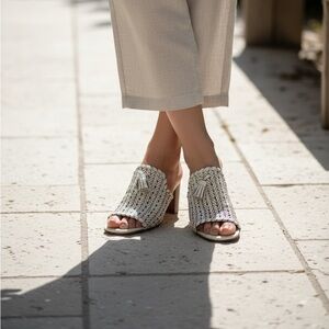 Brighton Luxe Cream and Black Leather 3” Block Heel Slides Size 9M